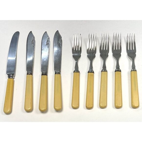 VTG 8pc Flatware Lot WES EPNS Silverplate Bakelite 5 Forks 3 Knives +Extra FLAWS - Picture 1 of 7